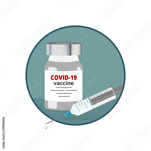 Coronavirus vaccine vial and syringe, ready for injection. Vector illustration in round frame on white background