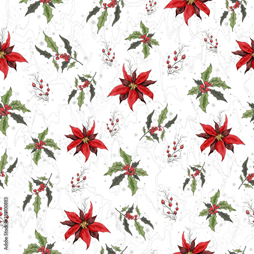 seamless vector Wallpaper with a pattern of Holly branches, poinsettia. the hand-drawn sketch is made in a minimalist style. vintage-inspired illustration for paper, print, winter ideas