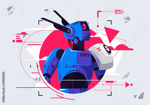 Vector illustration of a blue robot portrait with technical graphic elements, futuristic robot