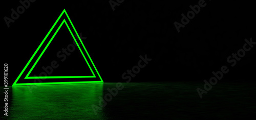 A glowing pyramid of green in dark space. Glowing stripes form a pyramid. Two glowing triangular frames of green color in the shape of a pyramid. 3D Render