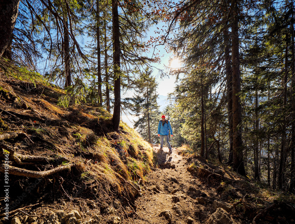 Hiking man in pure forest nature make fun Hiking man in pure forest nature make fun