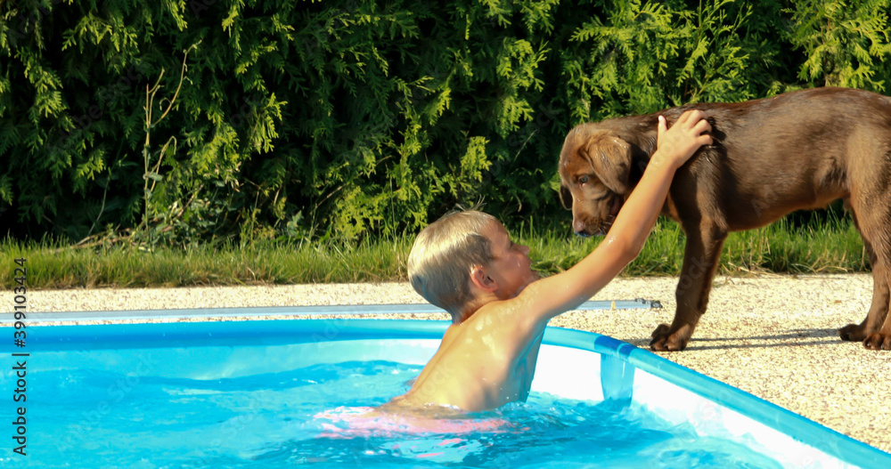 Little boy playing with a dog by the pool. Labrador puppy with baby in the garden.