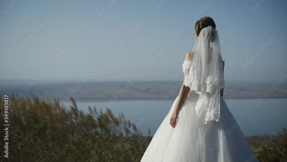 bride in a wedding dress stands at a cliff and looks at the horizon bride in a wedding dress stands at a cliff and looks at the horizon