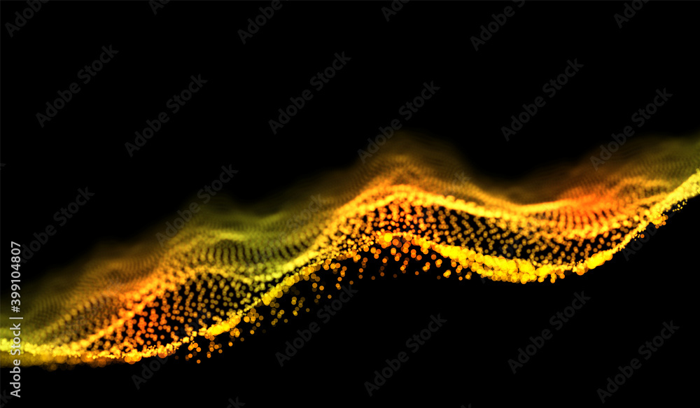 Plakat Data visualisation background. Blur gold particles wave. Dots flow illustration