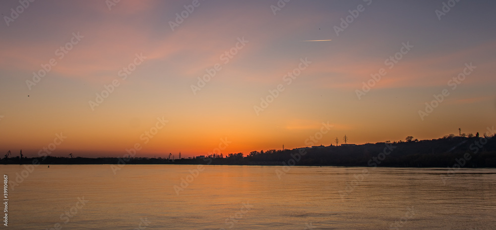 Galati Town and Danube River in sunset, Romania