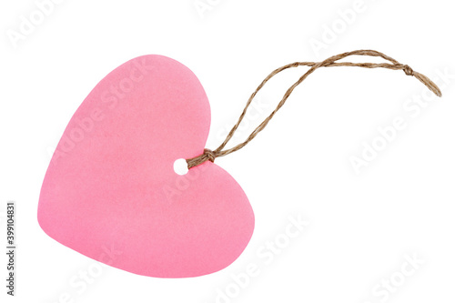 Pink paper heart shaped tag with rope isolated on white background. Valentines day greeting card or gift tag.