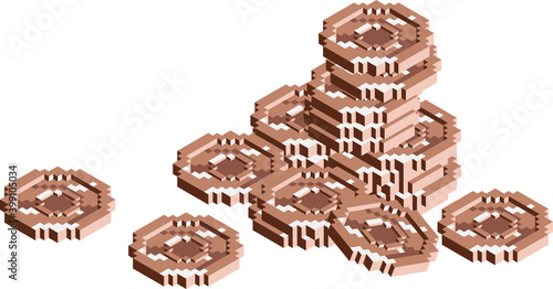 Coins stack vector isometry illustration, flat coin money stacked icon flat, copper penny cash pile, treasure heap isolated