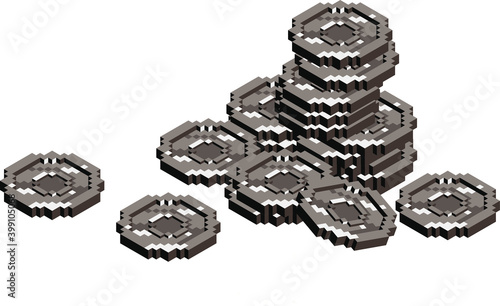 Coins stack vector isometry illustration, flat coin money stacked icon flat, silver penny cash pile, treasure heap isolated