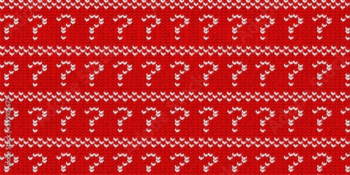 Vector realistic isolated knitted pattern of Christmas Quiz for template decoration and invitation covering on the red sweater background. Concept of Happy New Year.