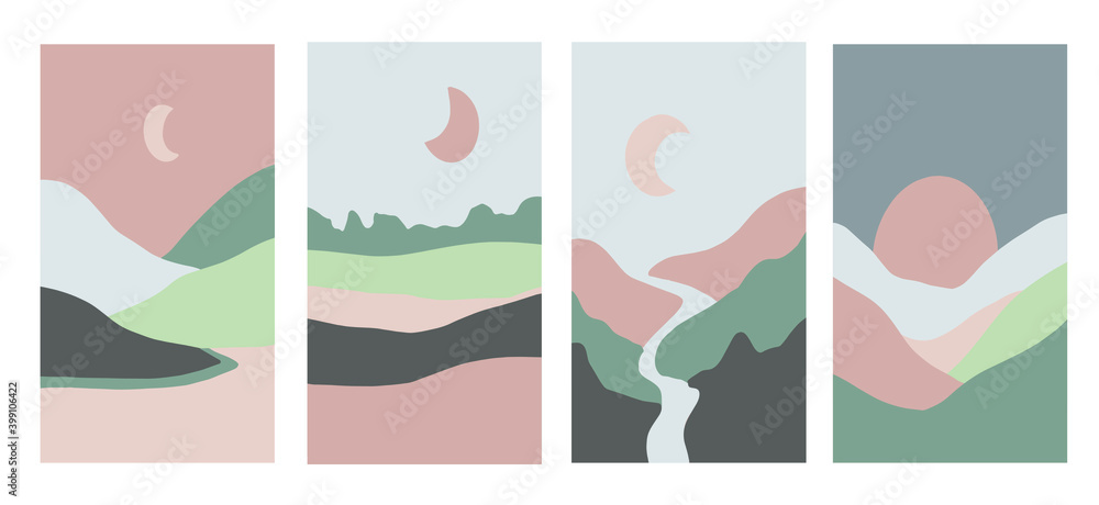 Mountain, river view. Hills, , sun, moon. Paper style. Flat abstract design. Scandinavian style illustration. Set of six hand drawn trendy Vector illustrations. Cool Backgrounds