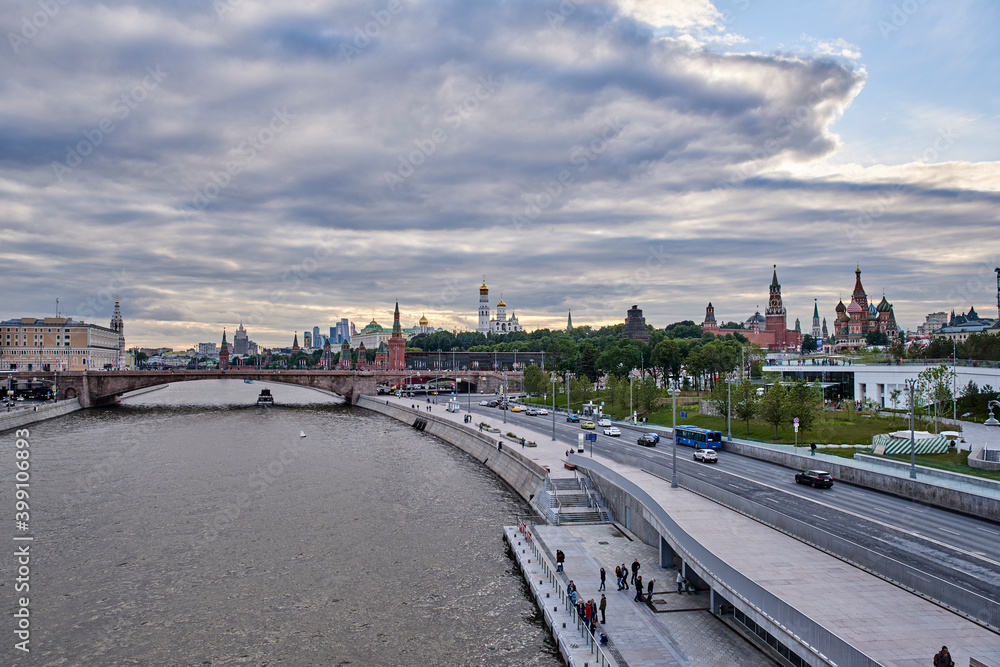 Russia. Moscow. Zaryadye Park. View of the Kremlin from the Floating Bridge
