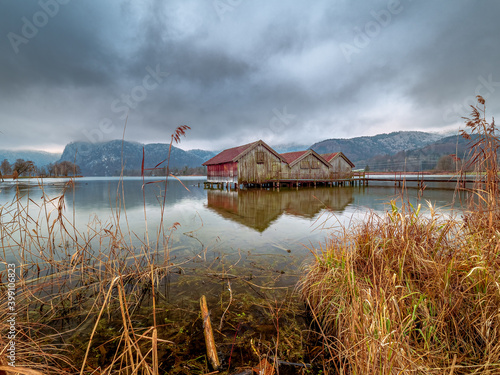 Kochelsee lake view during a cloudy day with sunrise light photo