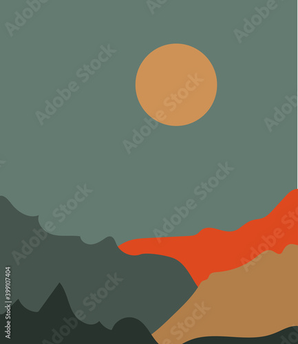 Vector illustration of a mountain landscape with forest. sunset in the mountains.