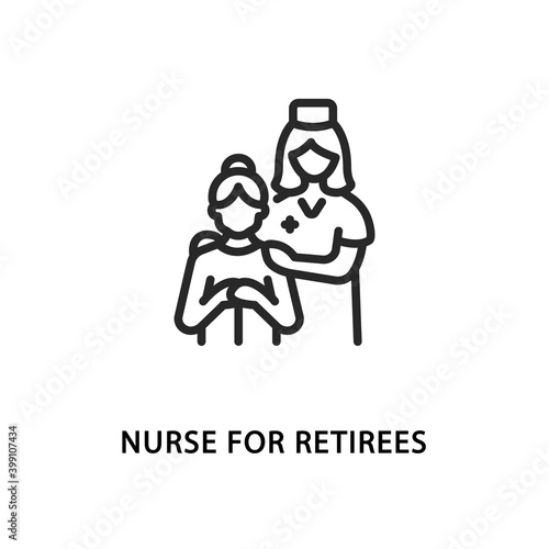 Nurse for retirees flat line icon. Vector illustration of a nurse taking care of an elderly patient.