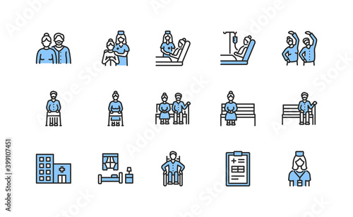 Elderly people and disabled flat line icons set blue color. Vector illustration caring for the elderly. Nursing home and hospice service. Editable strokes.