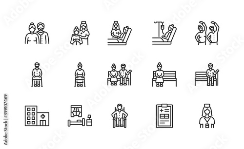Elderly people and disabled flat line icons set. Vector illustration caring for the elderly. Nursing home and hospice service. Editable strokes.