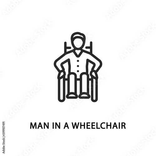 Man in a wheelchair flat line icon. Vector illustration disabled person.