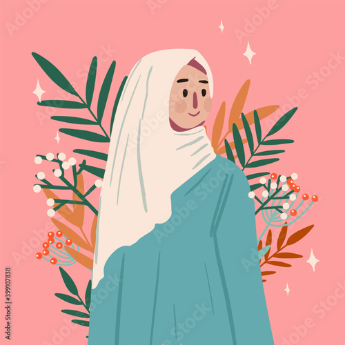 Young muslim woman wearing hijab greeting cards on floral background, cartoon character vector illustration.