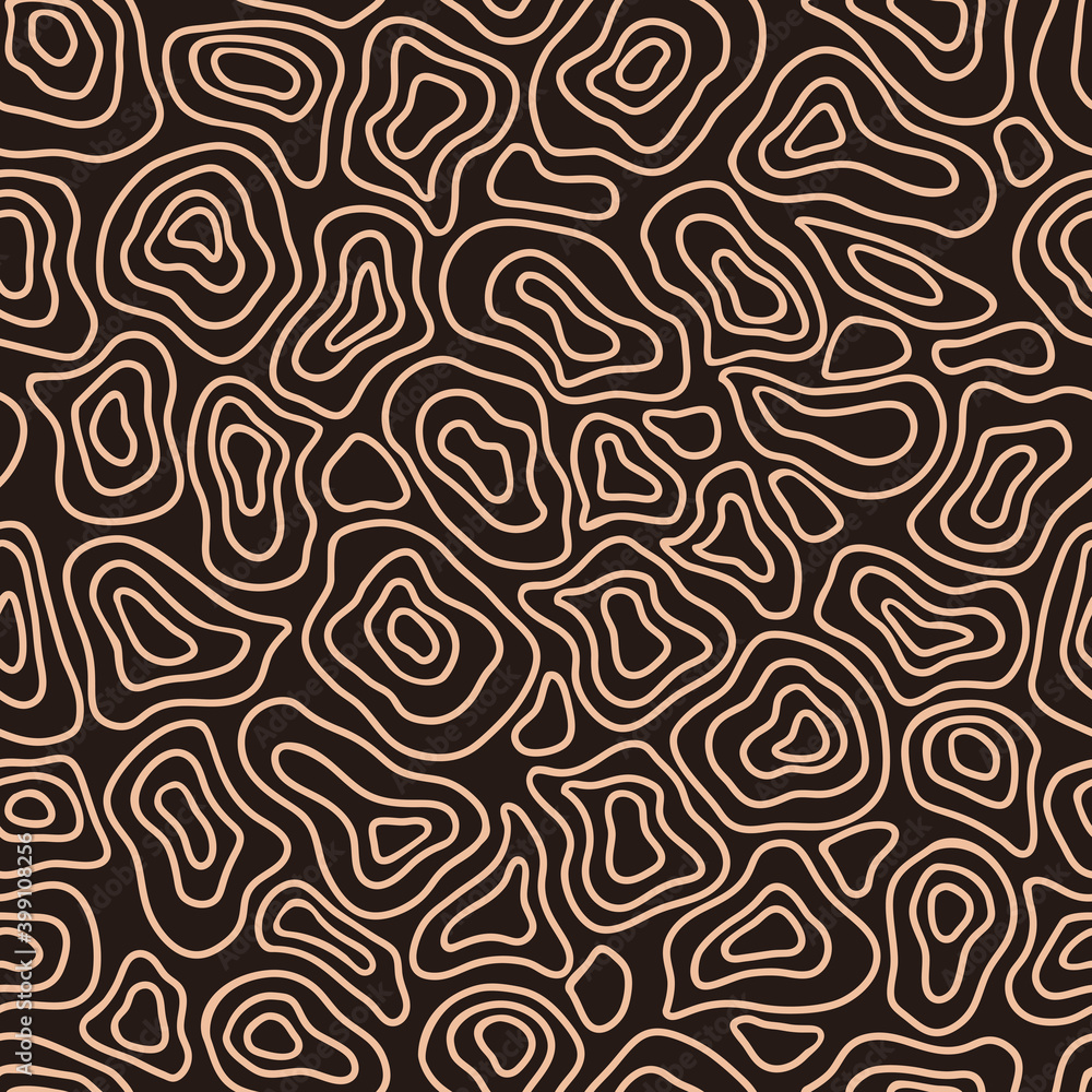 Beige soft shapes on dark brown background. Seamless abstract doodle pattern. Suitable for packaging, textile. Beige soft shapes on dark brown background. Seamless abstract doodle pattern. Suitable for packaging, textile.