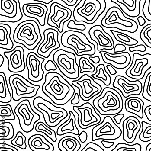 Black chaotic shapes on white background. Seamless abstract doodle pattern. Suitable for packaging, textile.