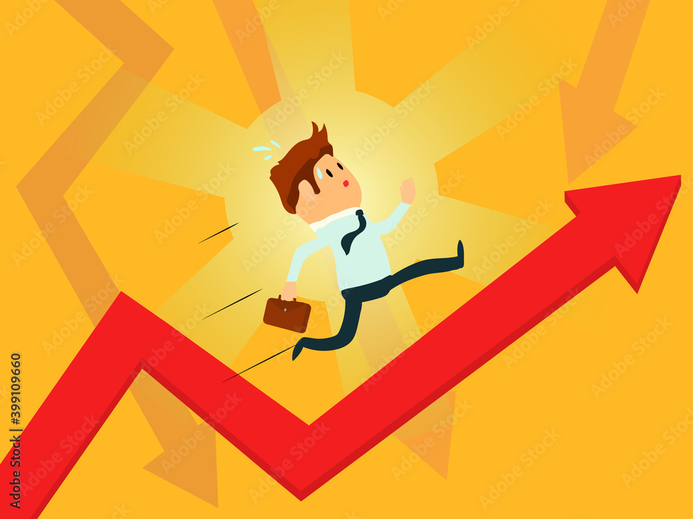 Illustration of a businessman running on the red raising chart arrow. Flat style illustration of competition, hard work and success. Illustration of a businessman running on the red raising chart arrow. Flat style illustration of competition, hard work and success.