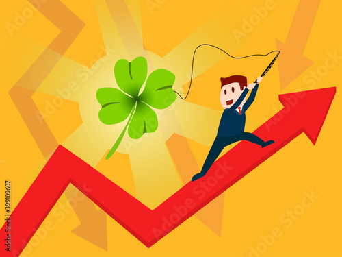 Illustration of a businessman caught lucky four leaf clover, standing on the red raising chart arrow. Flat style illustration of luck and success.
