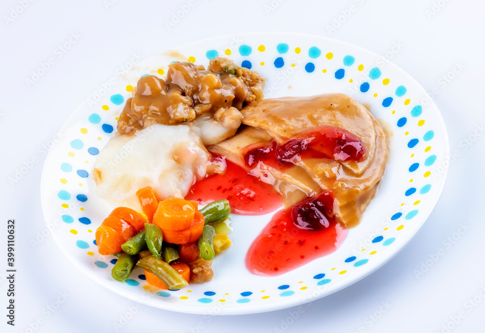 Delicious turkey TV dinner served on a little white plate Delicious turkey TV dinner served on a little white plate