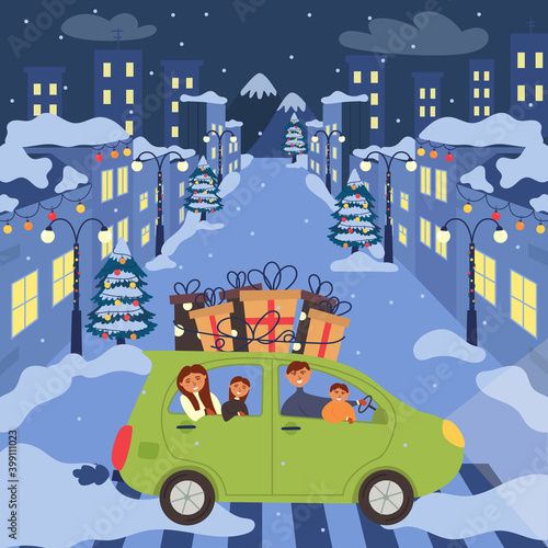 The car with the family goes to celebrate the new year. Holiday gifts on the roof of the car. Night New Year Decorated Streets. Christmas illustration card