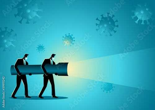 Businessmen holding a giant flashlight during pandemic