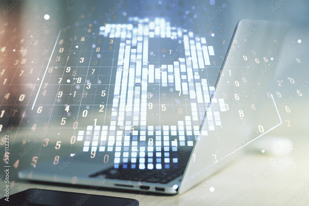 Double exposure of creative Bitcoin symbol hologram with computer on background. Mining and blockchain concept