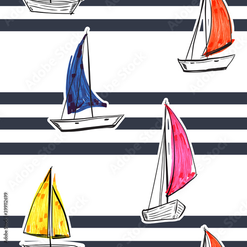 Blue stripe with hand drawn sailboats seamless pattern nautical mood ,Design for fashion , fabric, textile, wallpaper, cover, web , wrapping