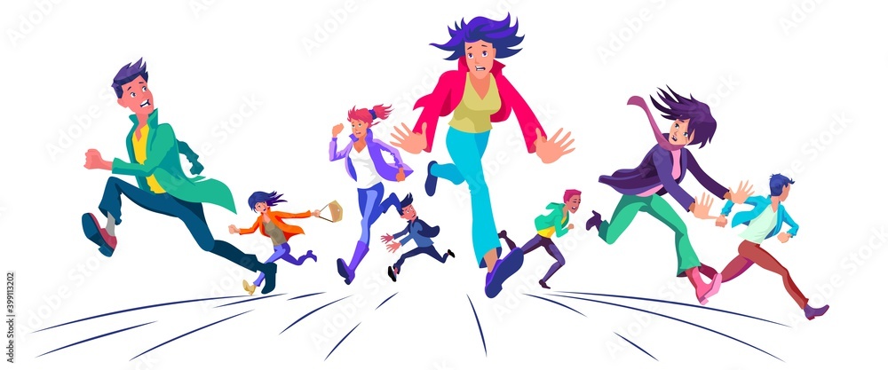 People running in panic with an expression of fear on their faces. Vector illustration.