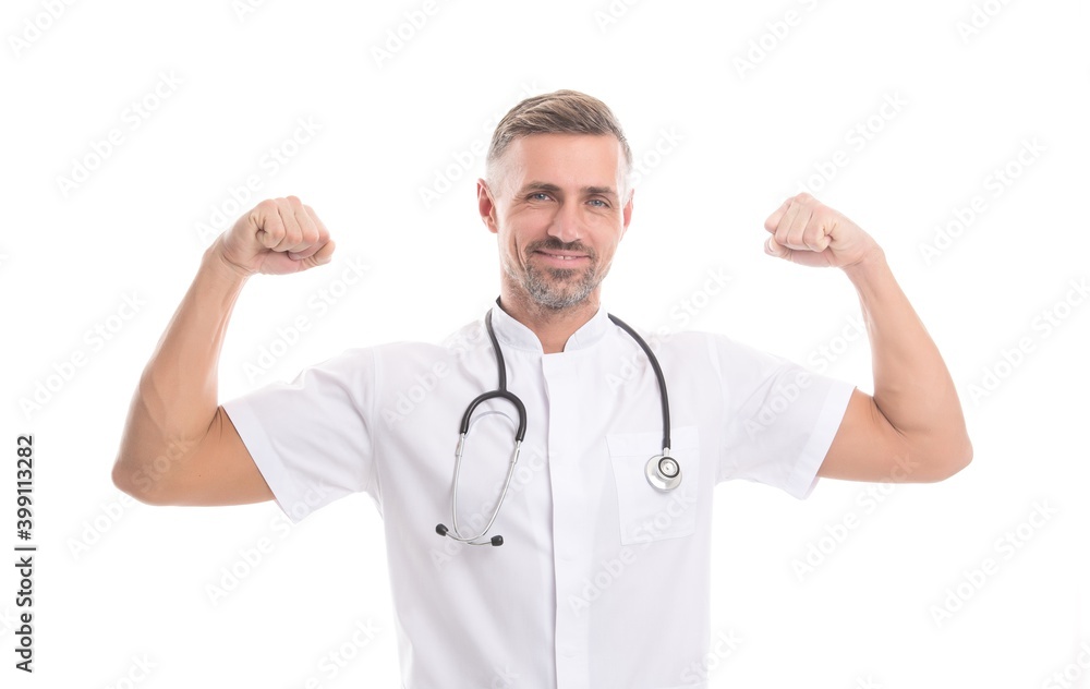 successful mature man therapist with phonendoscope in uniform isolated on white happy about good medical results, healthcare successful mature man therapist with phonendoscope in uniform isolated on white happy about good medical results, healthcare