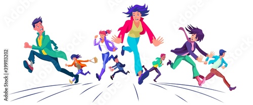 People running in panic with an expression of fear on their faces. Vector illustration.