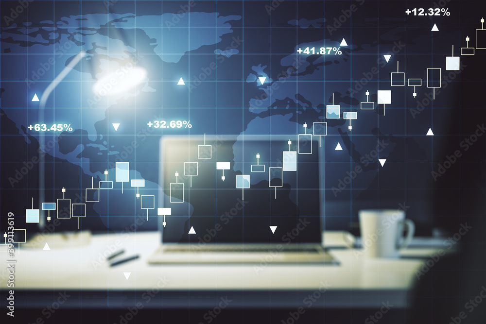 Multi exposure of abstract creative financial graph with world map on modern laptop background, forex and investment concept Multi exposure of abstract creative financial graph with world map on modern laptop background, forex and investment concept