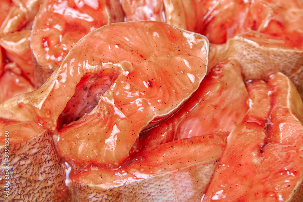 Fresh fish slices with teriyaki sauce for marinade Fresh fish slices with teriyaki sauce for marinade