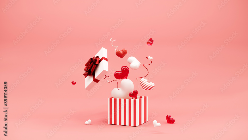 Open gift box with a heart background. Red heart box for Valentines day or special day in love concept. 3d rendering.