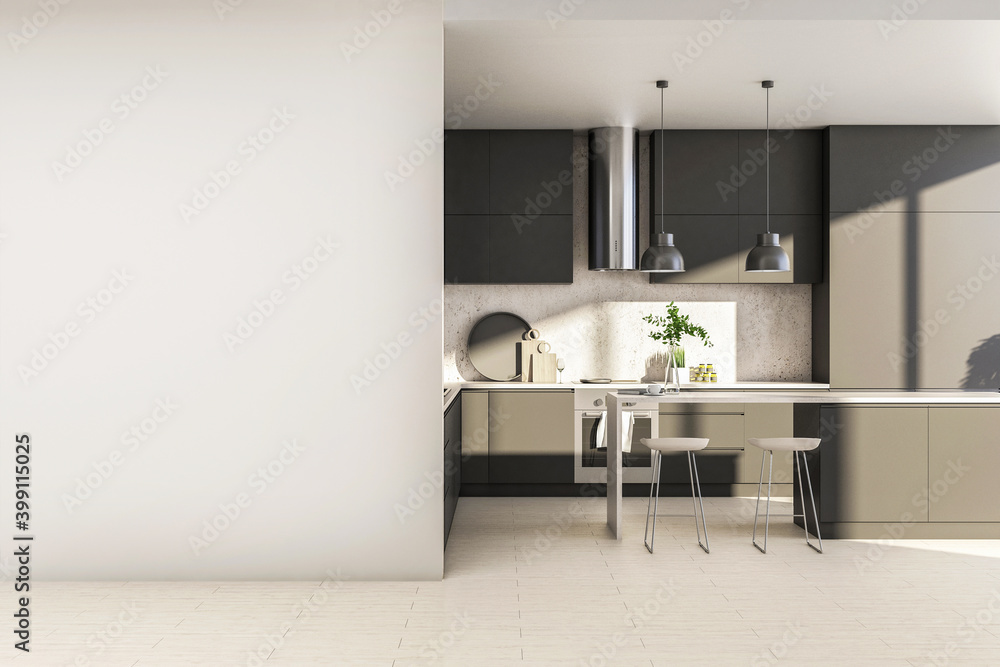 Clean kitchen studio interor with gray blank wall. Clean kitchen studio interor with gray blank wall.