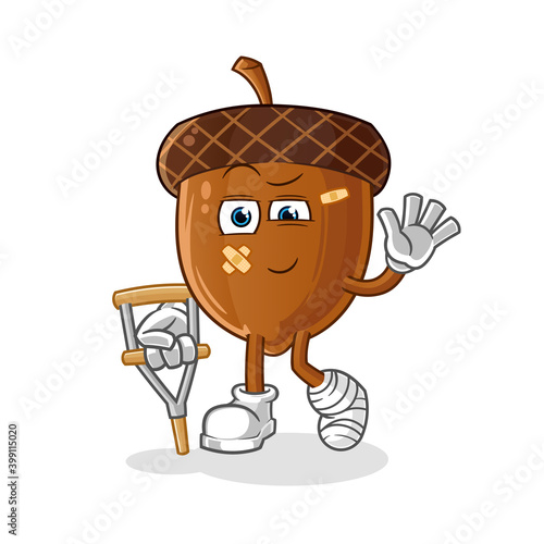 acorn sick with limping stick character. cartoon mascot vector