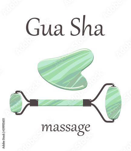 Chinese massage with Gu Sha stones. Massage roller and scraper, vector illustration