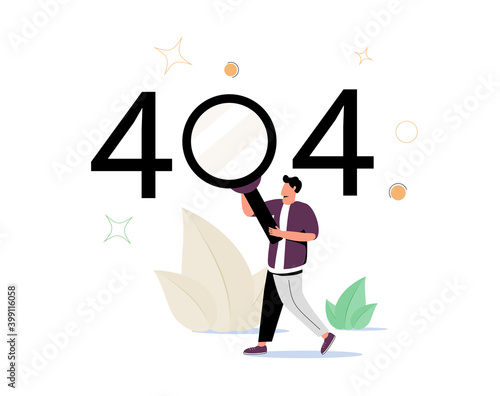 Man looking at website message through magnifying glass and question marks. Concept of error 404, page not found, online