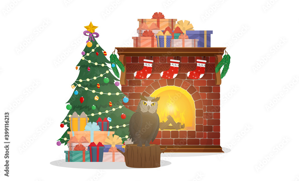 Christmas composition for the design of cards, banners and books. Christmas tree, garlands, mountain of gifts, fireplace, owl. Isolated. Vector.
