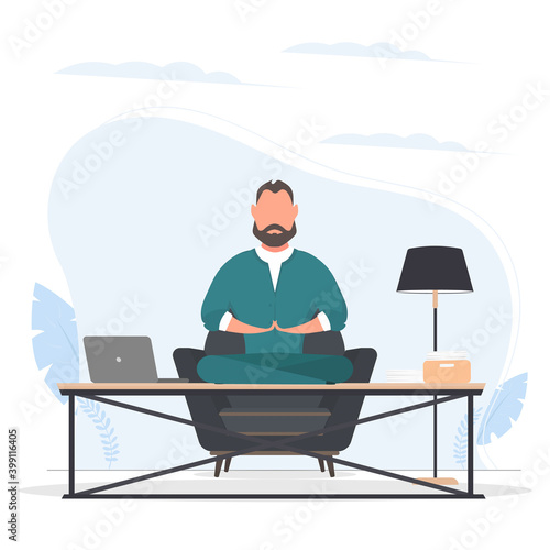 Yoga at job. Businessman relaxing in lotus position on table with computer at the desk.