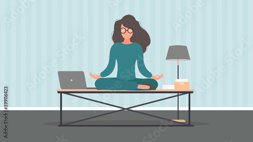 A business woman practices yoga to calm stressful emotions from hard work in the office. Meditation concept. Vector