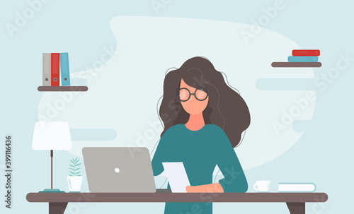 Business woman at the desk is working on the laptop computer. Vector illustration in flat style