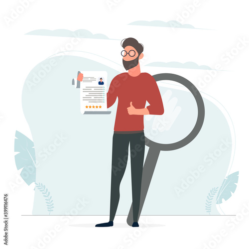 Businessman or manager in the suit holding resume for job hiring. Man with halo over his head, the best employee