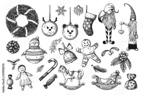 Big Christmas set. Toys, snowman, wreath and other Christmas elements. Sketch
