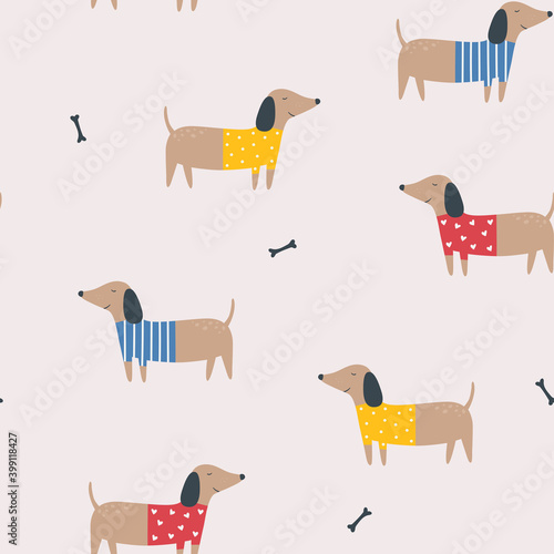 Seamless pattern with dachshunds. Cartoon vector background with dos. For the design of textiles, fabric, wallpaper, wrapping paper.