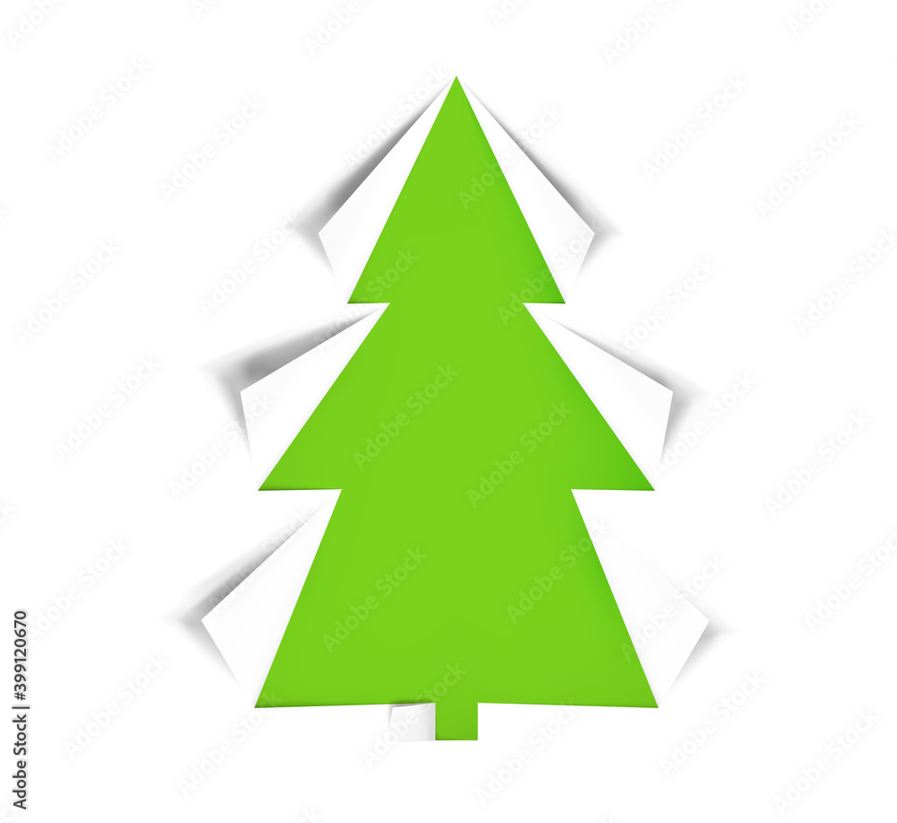 Christmas tree cut out of green and white paper, realistic icon isolated on white background. Design for holiday cards. Modern abstract decor art on xmas. Glossy element, vector illustration. Christmas tree cut out of green and white paper, realistic icon isolated on white background. Design for holiday cards. Modern abstract decor art on xmas. Glossy element, vector illustration.
