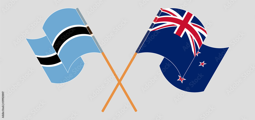 Crossed and waving flags of Botswana and New Zealand Crossed and waving flags of Botswana and New Zealand